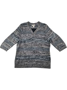 CJ Banks Women X Gray Black Marled Knit Sweater Button V Neck Pullover